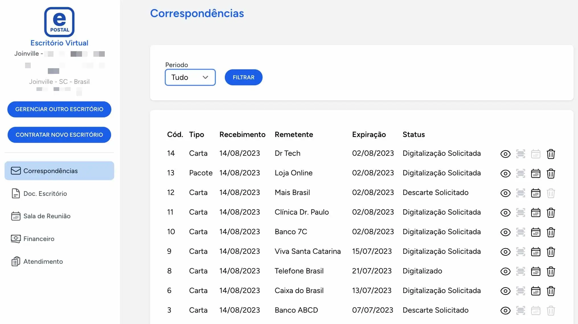 ePostal - Imagem da plataforma de Escritório Virtual - Listagem e Gestão de correspondências