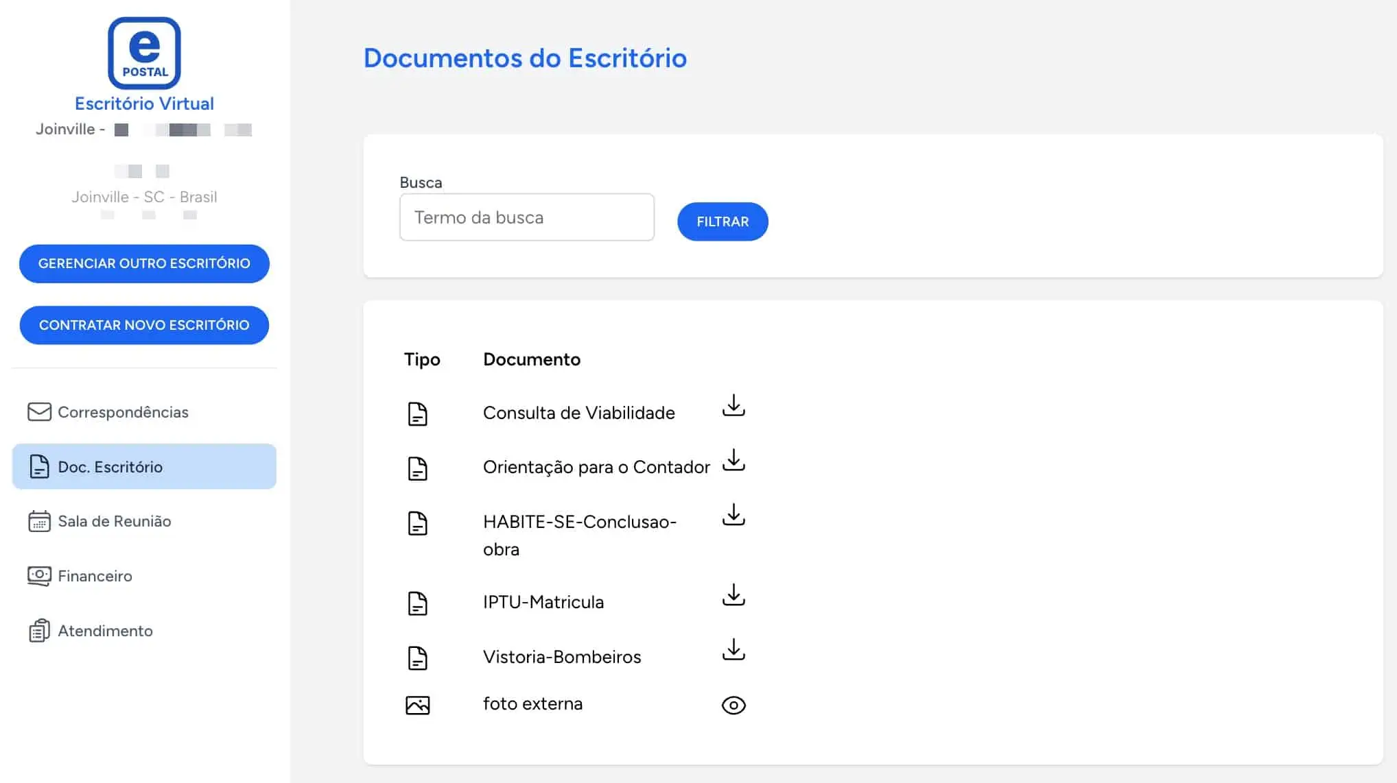 ePostal - Imagem da plataforma de Escritório Virtual - Listagem de Documentos para endereço Fiscal